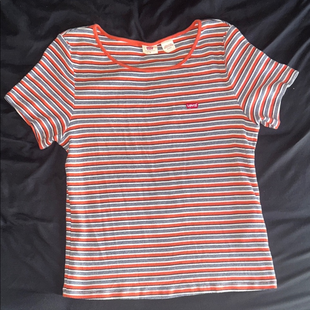 Levi’s Women’s XL Striped Orange, Black and White Short Sleeve Tee Shirt
